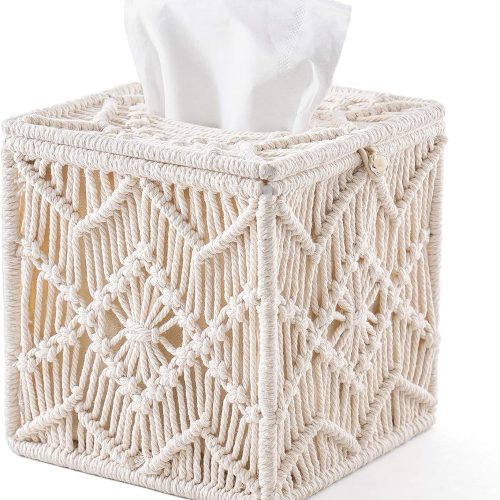 Tissue Box Cover Boho Decor Square Tissues Holder with Bead Buckle, Woven Macrame Napkin Facial Paper Organizer Home Desk Vanity Countertop Decor for Bathroom Bedroom Living Room Office, Ivory