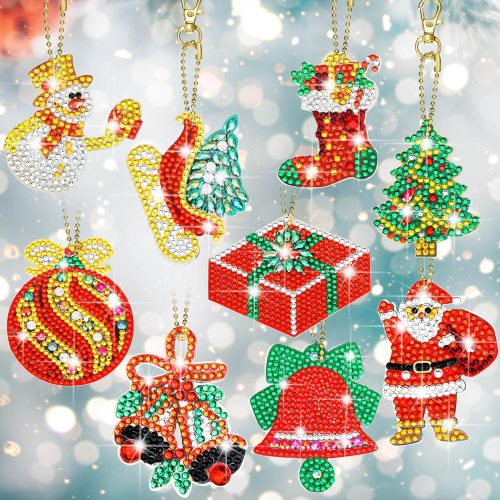 9 Pieces Double Sided Christmas Diamond Art Ornaments 5d DIY Christmas Diamond Painting Keychain Kits for Adults DIY Key Ring Art Pendant Xmas Tree for Xmas Holiday Decor