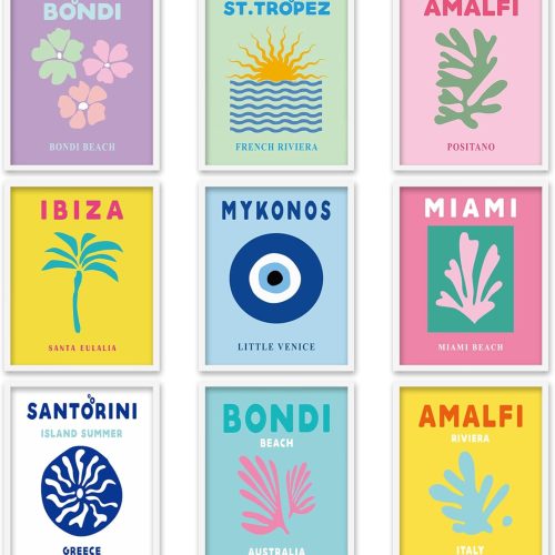 9Pcs Preppy Travel Canvas Wall Art Prints Abstract Aesthetic Room Decor Colorful Minimalist Unframed Art Poster for Living Room Bedroom College Room, 8 x 10 Inch
