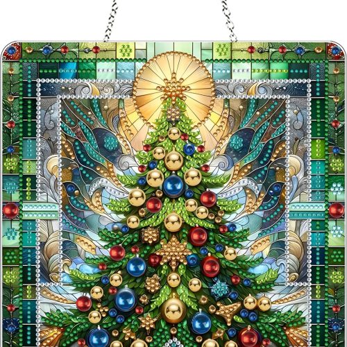 DIY Acrylic Diamond Art Painting Wreath Kits Special Shaped Rhinestone Diamond Art Window Pendants Home Garden Wall Hanging Kits Hanging Ornament，Double Sided(Christmas Tree-1)