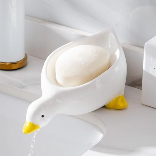 Fewile 1 Pack Duck Ceramic Soap Dishes,Soap Holder with Drain