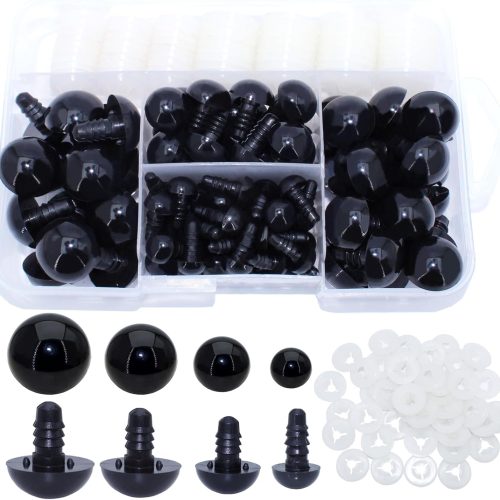 10/15/18/20mm 180Pcs 4Size Black Plastic Safety Eyes Craft Eyes with Three Fork Designed Washers for DIY of Puppet, Bear Crafts, Plush Animal Doll Amigurumi Crochet Making Supplies