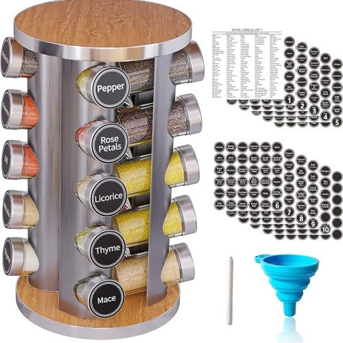 Revolving Spice Rack Set with 20 Spice Jars, Kitchen Spice Tower Organizer