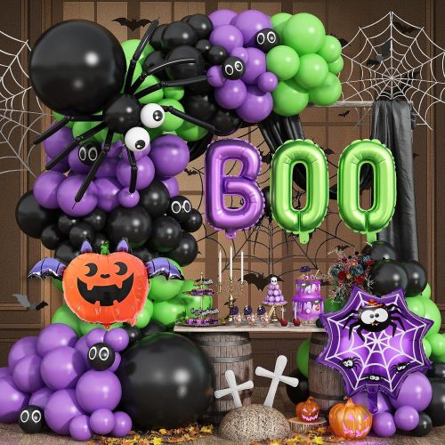 Halloween Balloon Garland Arch Kit - Purple Green Black Balloons with Boo, Bat Foil Balloons Spooky Eyeball Latex Balloon for Halloween Birthday Party Decorations, Indoor Outdoor
