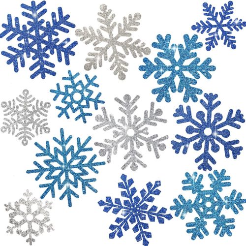 Whaline Snowflake Cut-Outs 48Pcs Glitter Blue Silver Snowflake Cutouts Double-Sided Holiday Cut-Outs with Glue Point for Winter Christmas Wonderland Frozen Party Home Decoration, Assorted Size