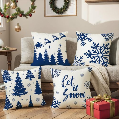 Navy Blue Snowflakes Trees Christmas Throw Pillow Covers 18x18 inch, Let It Snow Santa Holiday Winter Cushion Covers for Sofa Couch Set of 4