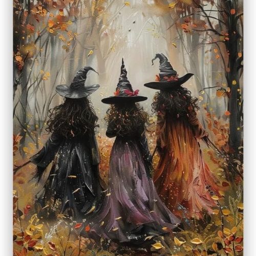 Generic Horror Halloween Decor Wall Art Print Three Witches In The Forest Vintage Posters Decor Autumn Beautiful Witches Forest Canvas Printing For Living Room Bedroom 8x12inch Unframed, style-3