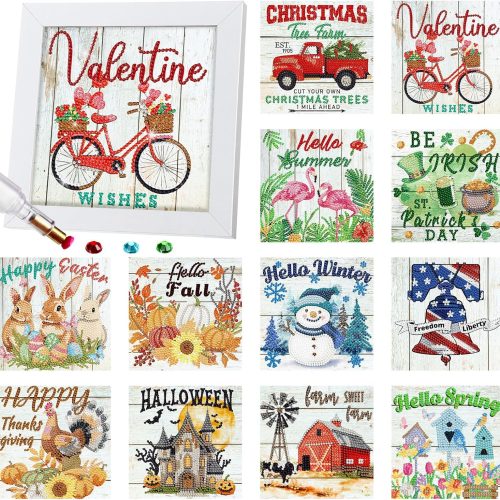 Trandraft 13 Pcs Interchangeable Seasonal Diamond Painting Kits for Adults 5D Diamond Art Calendar Kits with Frame for Fall Halloween Thanksgiving Christmas Table Decor Art Craft Gift(Stylish Style)