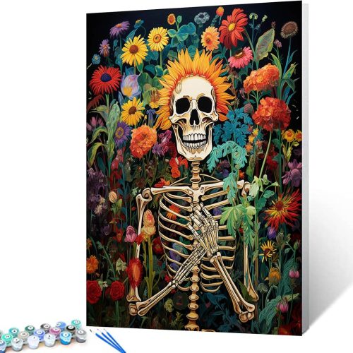 1 TUMOVO Day of The Dead Paint by Numbers for Adults Beginner Graffitic Human Skeleton DIY Paintings Acrylic Paint Canvas Girls Bedroom Decor Skull Man Painting Kits Flowers Art 16x20 Inch (Frameless )