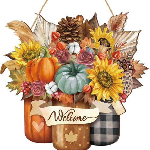 Boao Welcome Fall Door Decorations Thanksgiving Sign Hanging Decoration Wall Hanger Masquerade Carnival Wreath for Outdoor Farmhouse Porch Front Door Decor