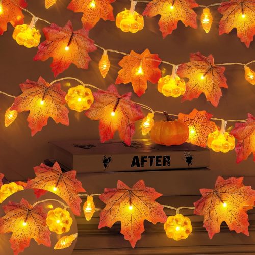 2 Pack & Timer Fall Garland with Pinecone Pumpkin Lights Total 13Ft 60LED Enlarged Maples Leaves Garland Fall Lights Battery Operated Fall Thanksgiving Decorations for Home Indoor Halloween Christmas