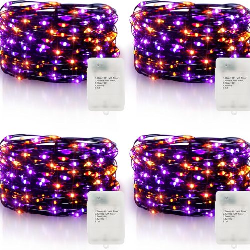 Purple Orange Halloween Timer Fairy Lights Battery Operated 4 Pack 16.4Ft 50 LED Black Wire Twinkle Lights with Timer 5 Modes for Halloween Indoor Outdoor Party Decoration