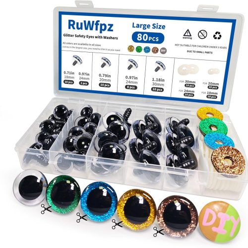 RuWfpz Glitter Safety Eyes for Crocheting Amigurumi 18-30mm - 4 Colors Stuffed Crochet Animal Eyes with Washers, 80Pcs Plastic Clear Button Doll Eyes for Crafts Bear Plushies Toy