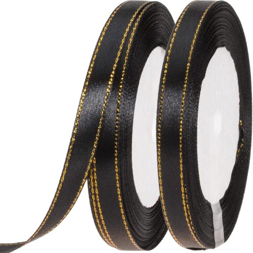 50 Yards 3/8 Inch Black Satin Ribbon with Gold Edges, Gold Border Fabric Ribbons for Gift Wrapping and Crafts