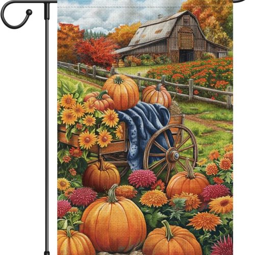 Fall Farmhouse Pumpkin Garden Flag 12x18 Inch Double Sided, Small Burlap Thanksgiving Pumpkins Autumn Yard Flags Outside Outdoor House Decor(Only Flag)