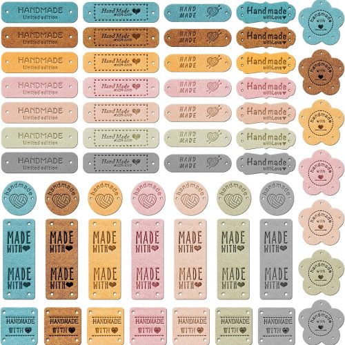 Handmade Leather Labels, 56 pcs Handmade Leather Labels for Crochet, Artificial Colorful Leather Labels with Love Hearts for Handmade Items Embossed Sew on Tag Crochet Knit DIY Jeans Bags Shoes Hat
