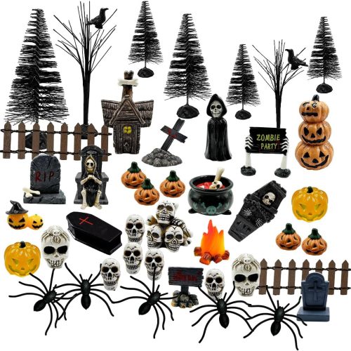 Halloween Village Accessories Ornaments - 46Pcs Miniature Pumpkin Skeleton Tombstones Spider Pinetrees Figurines Resin Horror Village Mini Halloween Figurines for Hallowmas Town Party Decor