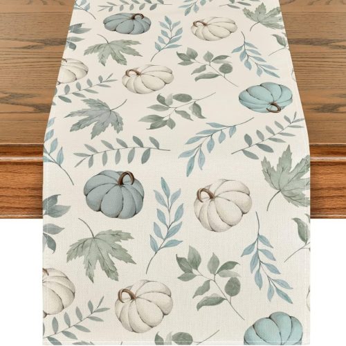 Mode Pumpkins Fall Eucalyptus Leaves Table Runner, Seasonal Autumn Thanksgiving Kitchen Dining Table Decoration for Home Party 13x72 Inch