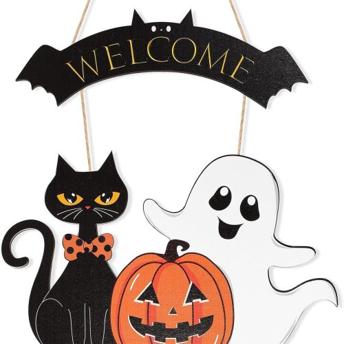 Halloween Decoration Wooden Ghost Door Halloween Wreath for Front Door Sign Wall Signs Decor, Pumpkin Black Cat Wreaths Sign Hanging for Home Wall Decor Outdoor Indoor Farmhouse Party Supply