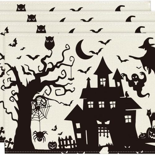 Orange Spooky Haunted House Witch Halloween Placemats Set of 4, 12x18 Inch Seasonal Table Mats for Party Kitchen Dining Decoration