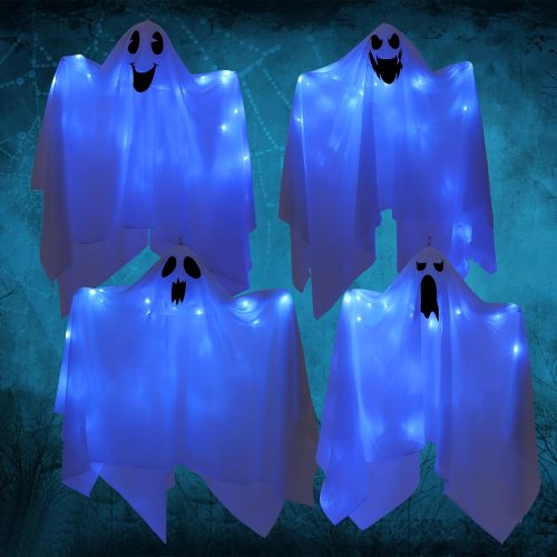 4Pack Halloween Hanging Ghosts with Blue Lights, 27.5" Cute Light Up Flying Ghost Decoration Lighted Halloween Hanging Decor for Front Yard Patio Lawn Garden Party Décor and Holiday Decorations