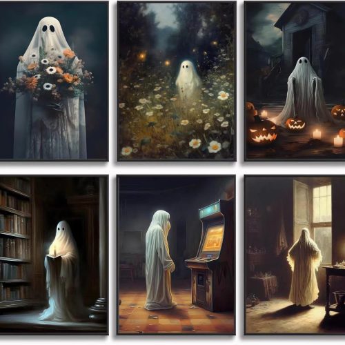6 Vintage Ghost Wall Art - Gothic Spooky Funny Home Decor - Dark Forest Cute Ghost Paintings - Halloween Pumpkin Lantern