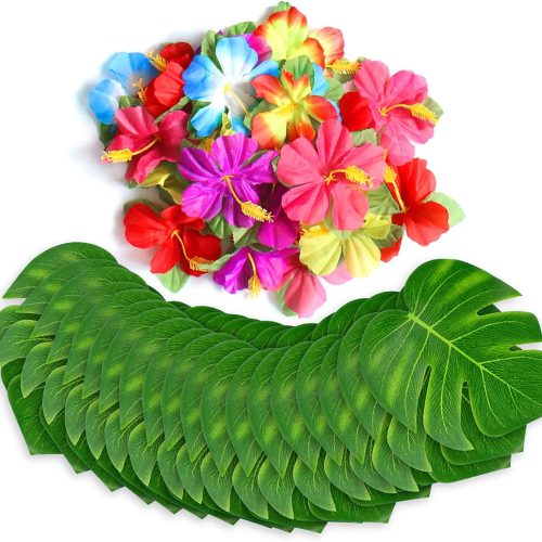 60Pcs Tropical Party Decorations Supplies Tropical Palm Leaves Hibiscus Flower Simulation Artificial Leaf for Hawaiian Luau Safari Party Jungle Beach Theme BBQ Birthday Parties Decorations Table Decor
