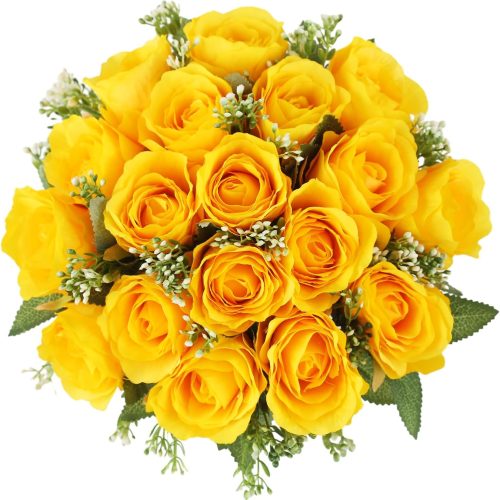 Cemetery Flowers 18 Yellow Silk Memorial Rose Flower for Grave Vase Headstones Graveyard Graveside Funeral Decorations