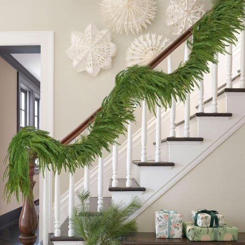 2PCS 6FT Real Touch Norfolk Pine Garland with 80 Branches, Green Christmas Holiday Garlands, Artificial Greenery Cedar Garland for Table, Mantle,Wall, Winter Christmas Decorations