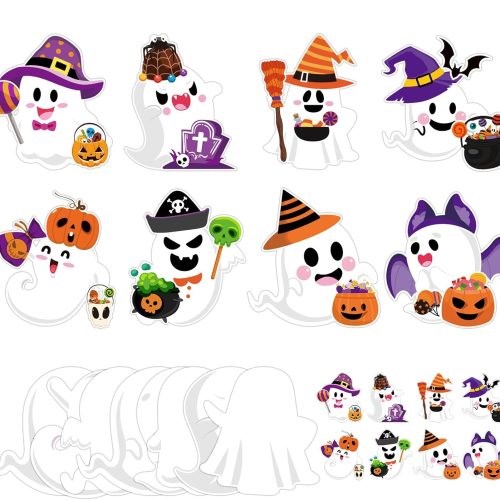 JarThenaAMCS 24 Packs Halloween Ghost Paper Craft Kit Ghost DIY Cards with Pumpkin Witch Hat Stickers Handicraft Fun Set for Halloween Classroom Activities Party Decor Supplies