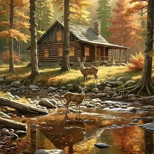 Forest Elk House Diamond Art Kits for Adults, 5D Autumn Diamond Painting Kits for Adults Beginners, DIY Full Round Drill Diamond Dot Painting Gem Art Kits for Adult, Home Wall Decor 13.8x13.8 Inch
