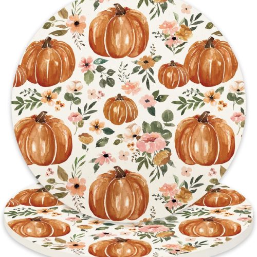AnyDesign 4Pcs Fall Coasters Watercolor Floral Pumpkin Ceramic Drink Coaster Autumn Flower Cup Mat for Mugs Cups Home Kitchen Table Protection Housewarming Gift, 3.9 x 3.9 inch, Orange