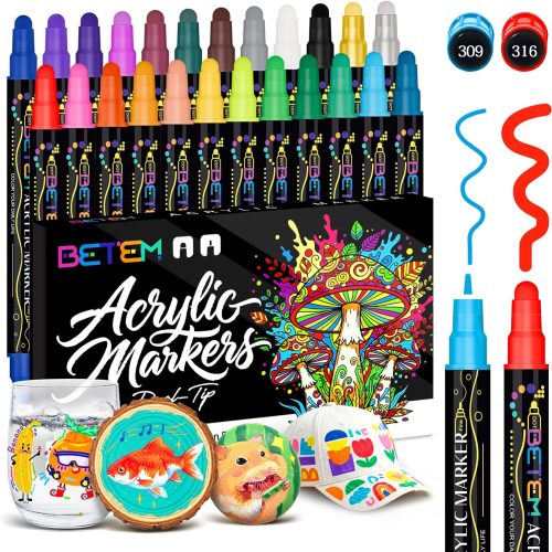 Betem 24 Colors Dual Tip Acrylic Paint Pens Markers, Premium Acrylic Paint Pens for Halloween Decorations, Wood, Canvas, Stone, Rock Painting, Glass, Ceramic Surfaces, Pumpkin Painting Kit DIY Crafts