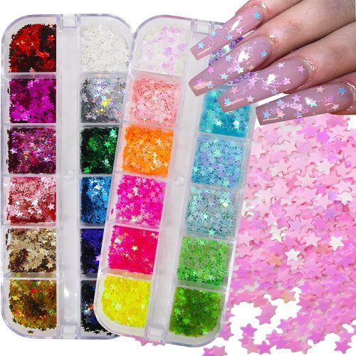 24 Colors Star Chunky Glitter Flakes Holographic Mylar Stars Shapes Glitters Confetti Nail Sequins for Acrylic Nails Crafts Resin Makeup. (Star)