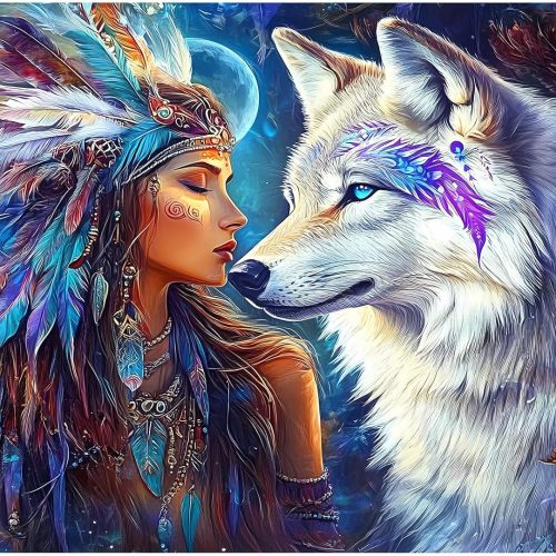 DOMROM Wolf Diamond Painting Kits for Adults, Indian Woman & Wolf Diamond Art Kits for Adults Beginner, DIY Diamond Dots Paint by Diamonds Art and Crafts for Hobbies, Gifts, Home Art Decor 12x16 inch