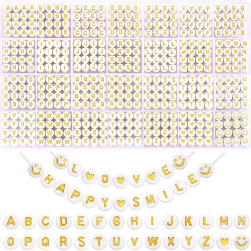 1 1400pcs Round Letter Beads for Jewelry Making, 28 Style Gold A-Z Alphabet Acrylic Beads Kits Heart Beads for Bracelets Making (4 * 7mm)