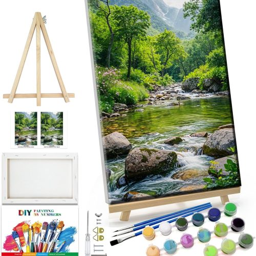 1 Landscape Paint by Number Kit for Adults Beginner with Easel Mountain Adult Paint by Number Kits on Canvas with Frame Forest DIY Oil Painting Kits for Gift Home Wall Decor 7.87x11.81 Inch