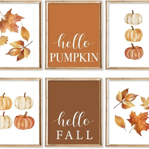 6Pcs Fall Wall Art Prints Watercolor Pumpkin Maple Leaf Art Poster Rustic Autumn Modern Wall Decor for Thanksgiving Home Gallery Living Room Bedroom (UNFRAMED 8 x 10in)
