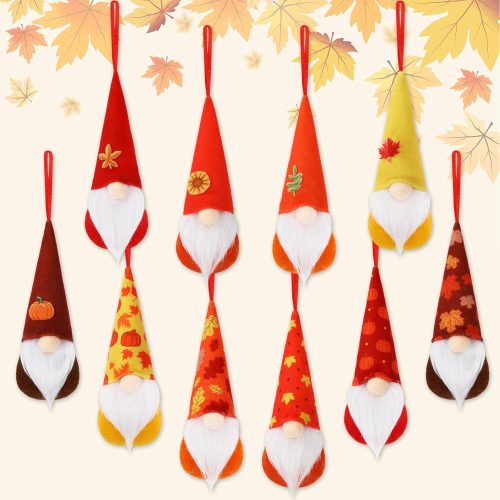 10Pcs Thanksgiving Hanging Gnomes Ornaments Fall Harvest Handmade Plush Gnomes Maple Leaf Pumpkin Printed Gnomes Cute Decorative Tomte Swedish Elf Gnome Doll for Autumn Thanksgiving Decor