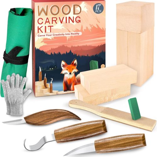 Wood Carving Kit, Whittling Kit for Beginners 17PCS Wood Carving Tools with 3PCS Whittling Knife 9PCS Basswood Blocks & Gloves & Strop Block & Polishing Compound Wood Carving Set Hobbies for Adults