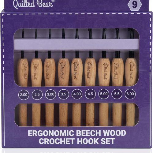 Wooden Crochet Hooks – 9 Piece Crochet Hooks Set with Stylish Beech Wood Ergonomic Hook Handles & Steel Hook Heads (2mm - 6mm)
