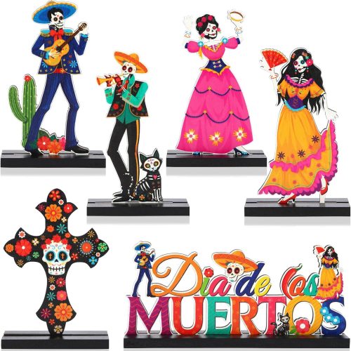6 Pack Day of The Dead Decorations Wood Centerpiece Table Decorations Sugar Skull Calacas Dia De Los Muertos Decorations for Halloween Party Mexican Fiesta Ofrenda Decorations