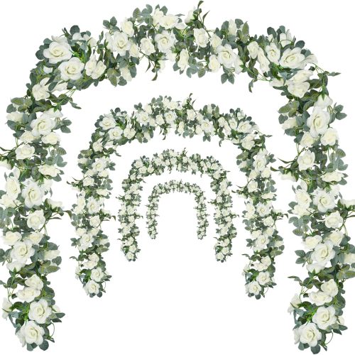 1 Flower Garland Rose Vine 4Pcs 28FT Artificial Floral Garland with Green Leaves Hanging Rose Vine for Wedding Party Garden Home Wall Decor (White)