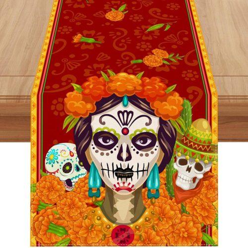 Linen Dia De Los Muertos Table Runner 72 Inches Long Day of The Dead Tablecloth Mexican Fiesta Themed Party Decorations and Supplies for Home Kitchen Dining Room Table