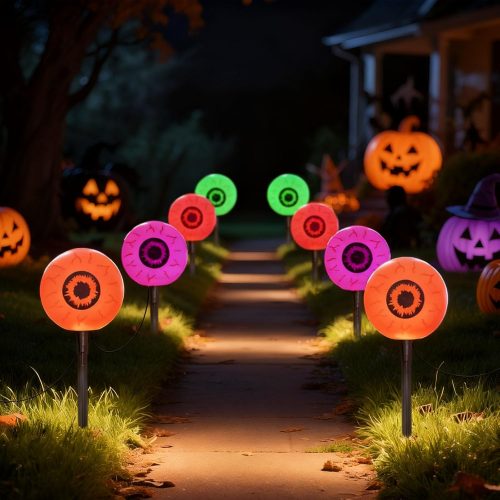 Halloween Outdoor Pathway Lights with 4 Spooky Pumpkins, 7Ft Outdoor Halloween Pumpkin Stake Lights with C7 LED Bulbs,for Party Garden Lawn Driveway Decor