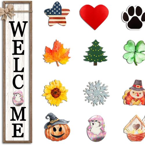 Interchangeable Welcome Sign for Front Porch Standing 45"X9" Large with 12 Pcs Replaceable Icons Outdoor Decorations Frame Tall Vertical Outside Farmhouse Rustic Door Decor (Wood)