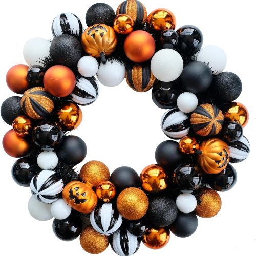 Bibelot Happy Halloween Wreath for Front Door, 18” Artificial Ball Wreaths Door Decor for Home Halloween Party Decorations (18in)