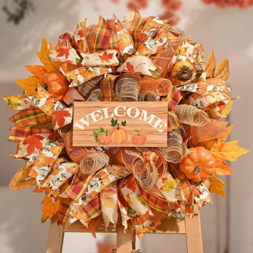 Waipfaru Fall Wreaths for Front Door, Fall Mesh Wreath with Wooden Sign Fishnet Yarn Autumn Pumbkin, Thanksgiving Halloween Decorations for Home, Porch Decor(18-20 Inch)