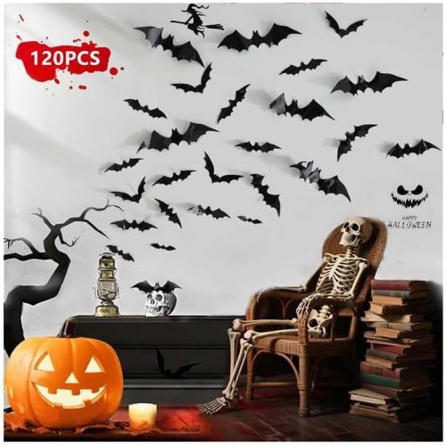 120pcs Halloween Bats Decorations Outdoor Indoor, Halloween Party Supplies, 3D Bat Stickers for Wall Window Home Kitchen Scary Decor (4 Sizes, Black)