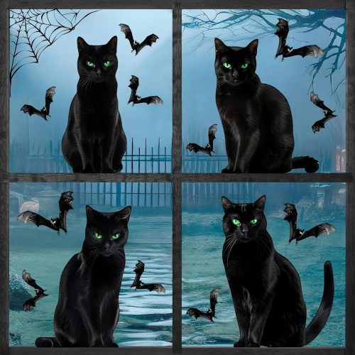 4 Large Realistic Black Cats Halloween Window Clings Decorations Decor, Cat Bats Spiderweb Silhouette Window Decals Indoor School Home Office Party Decor, 6 Sheets